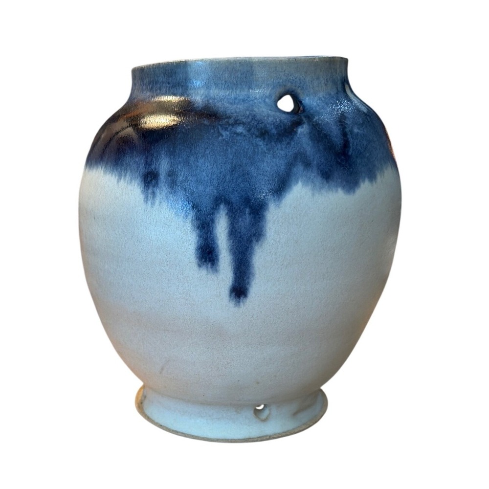 Studio Pottery Planter Blue White Drip Glaze Signed Unique Pottery